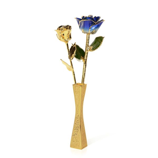 7” Gold Rose & 11" Dark Blue 2 Tone Rose<br/><sub> with Vase</sub>