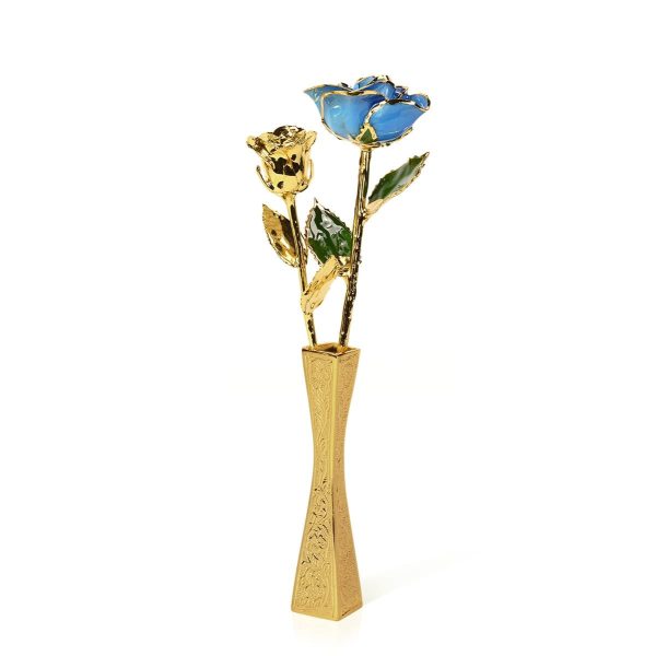 7” Gold Rose & 11" Light Blue Rose<br/><sub> with Vase</sub>