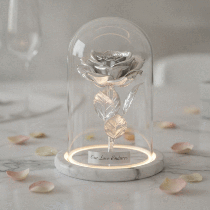 Silver-dipped Infinity Rose in a glass dome for a 25th wedding anniversary gift for her