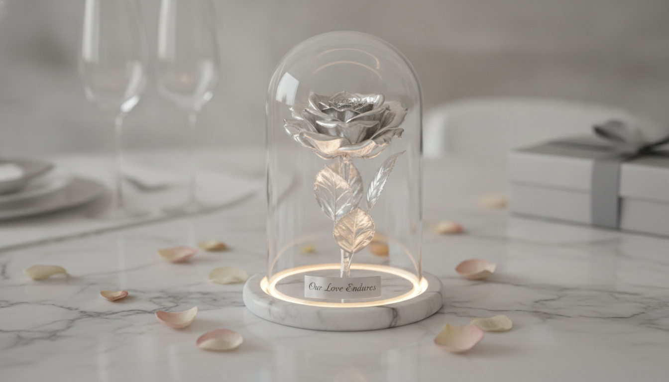 Silver-dipped Infinity Rose in a glass dome for a 25th wedding anniversary gift for her