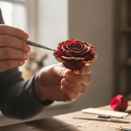 Artisan applying a gold finish to a real preserved rose for Infinity Rose