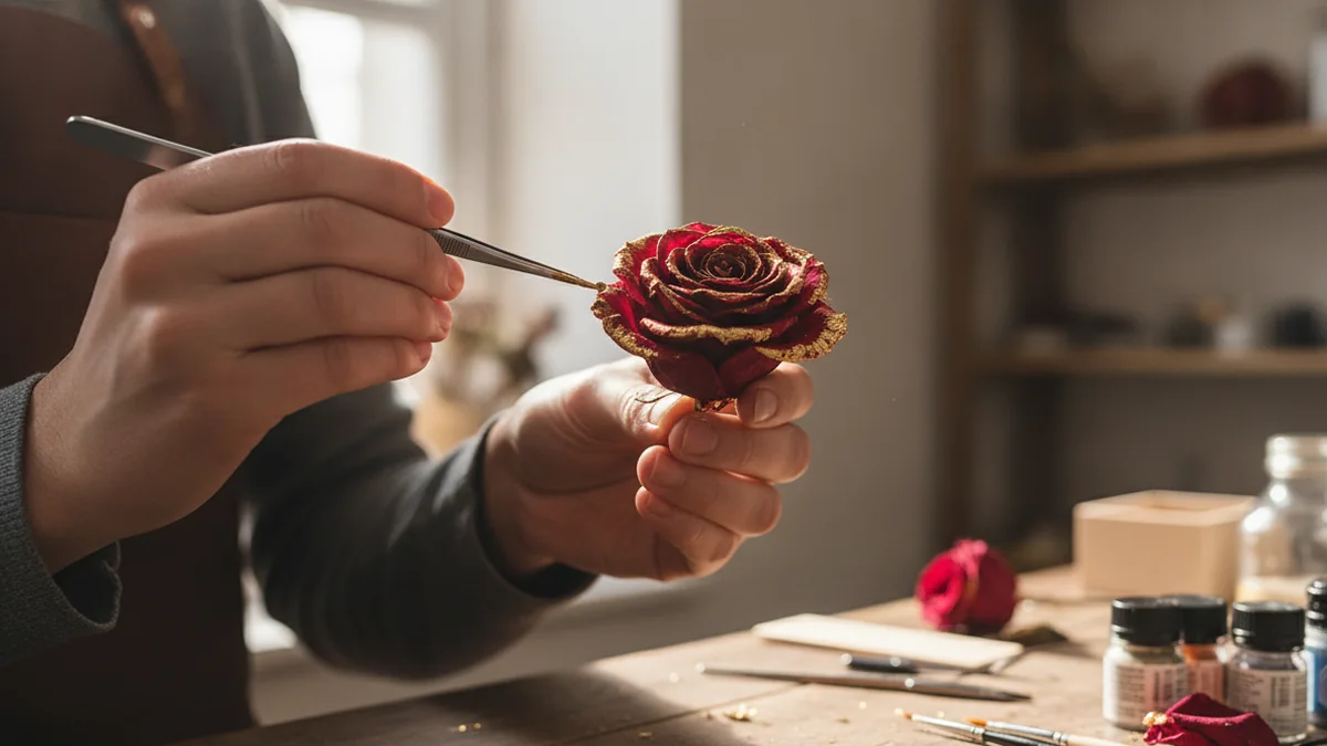 Artisan applying a gold finish to a real preserved rose for Infinity Rose