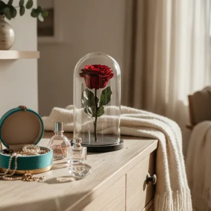 Red preserved rose in a glass dome displayed on a bedroom dresser
