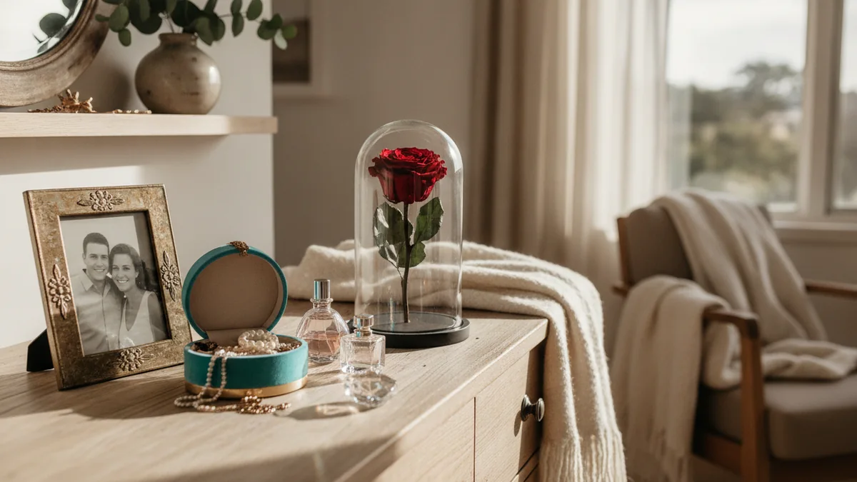 Red preserved rose in a glass dome displayed on a bedroom dresser
