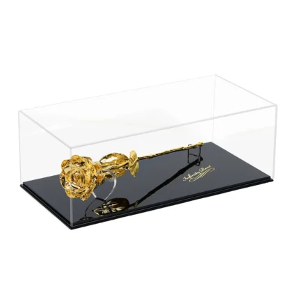 Gold-dipped rose displayed horizontally in a clear lid display case with a black base