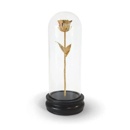 Gold-dipped rose displayed inside a clear glass dome on a black base