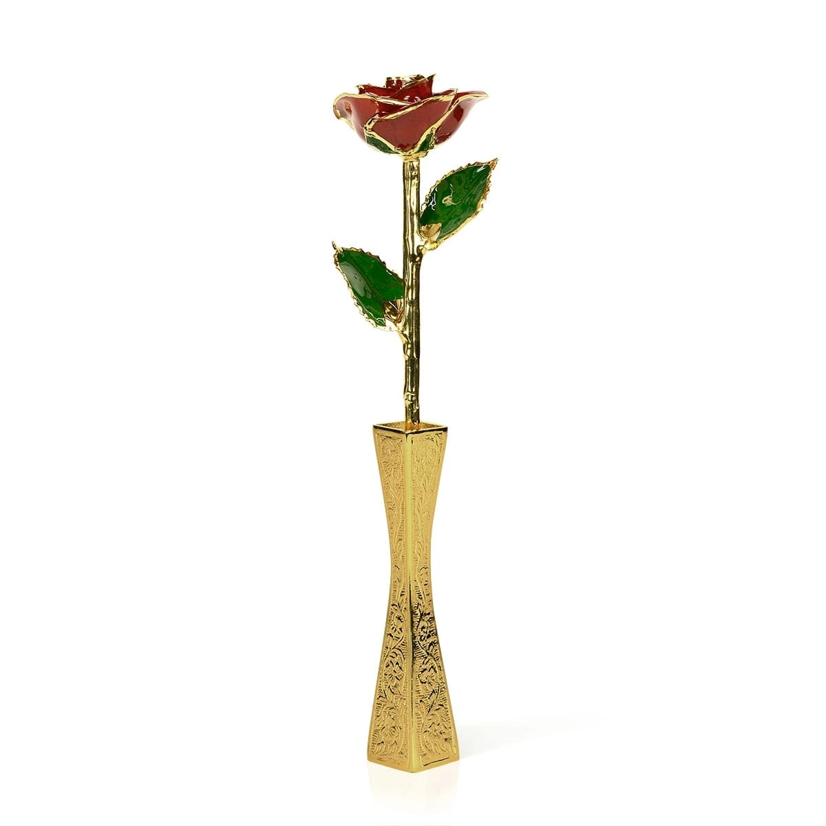 Red rose with gold detailing and green leaves displayed in an ornate gold vase by Infinity Rose